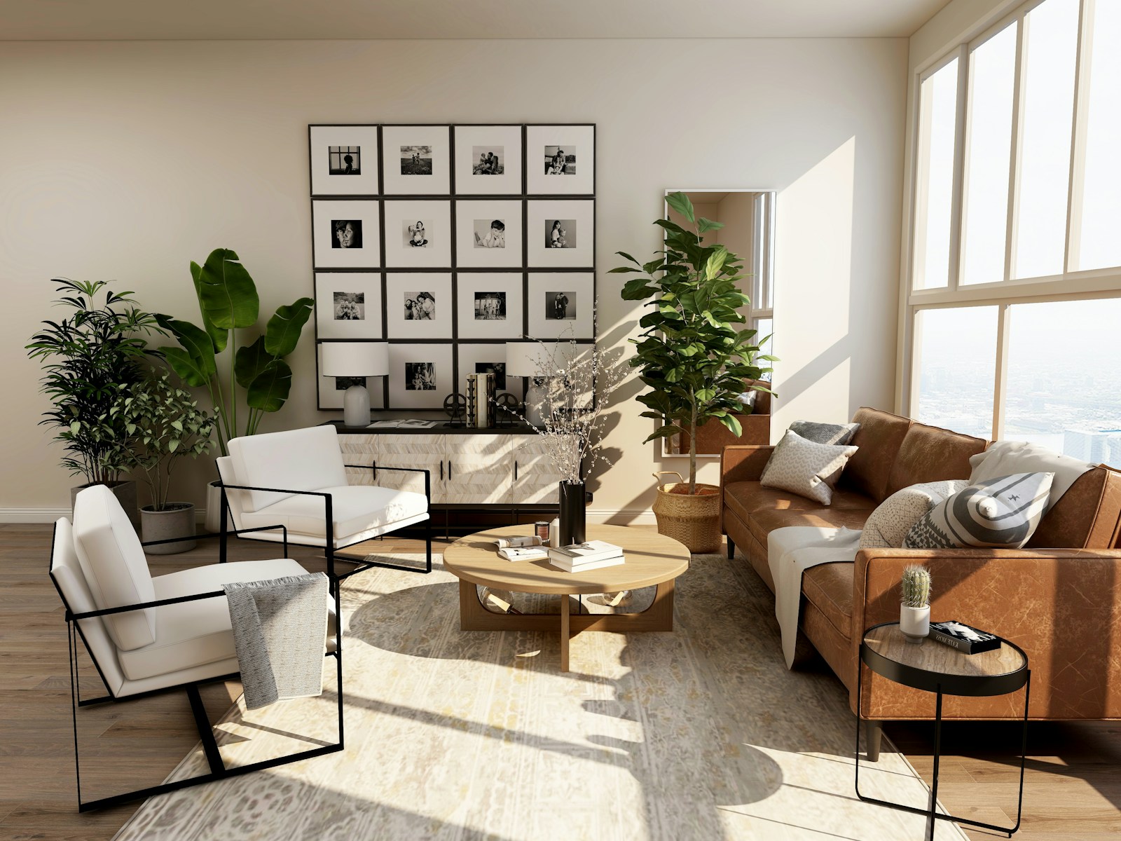 A bright interior with a simple furniture arrangement